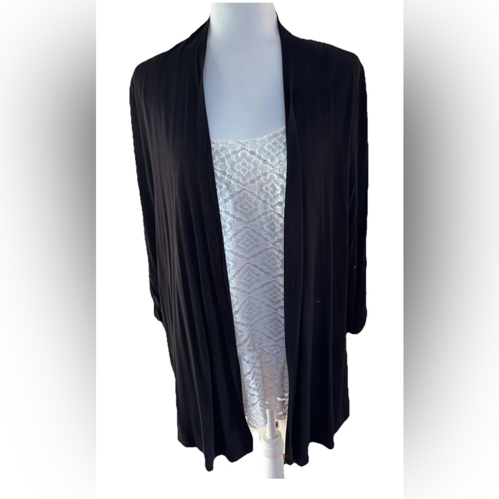 AB Studio 2 In 1 White Lace Blouse Attached Black Cardigan 3/4 Sleeves Small